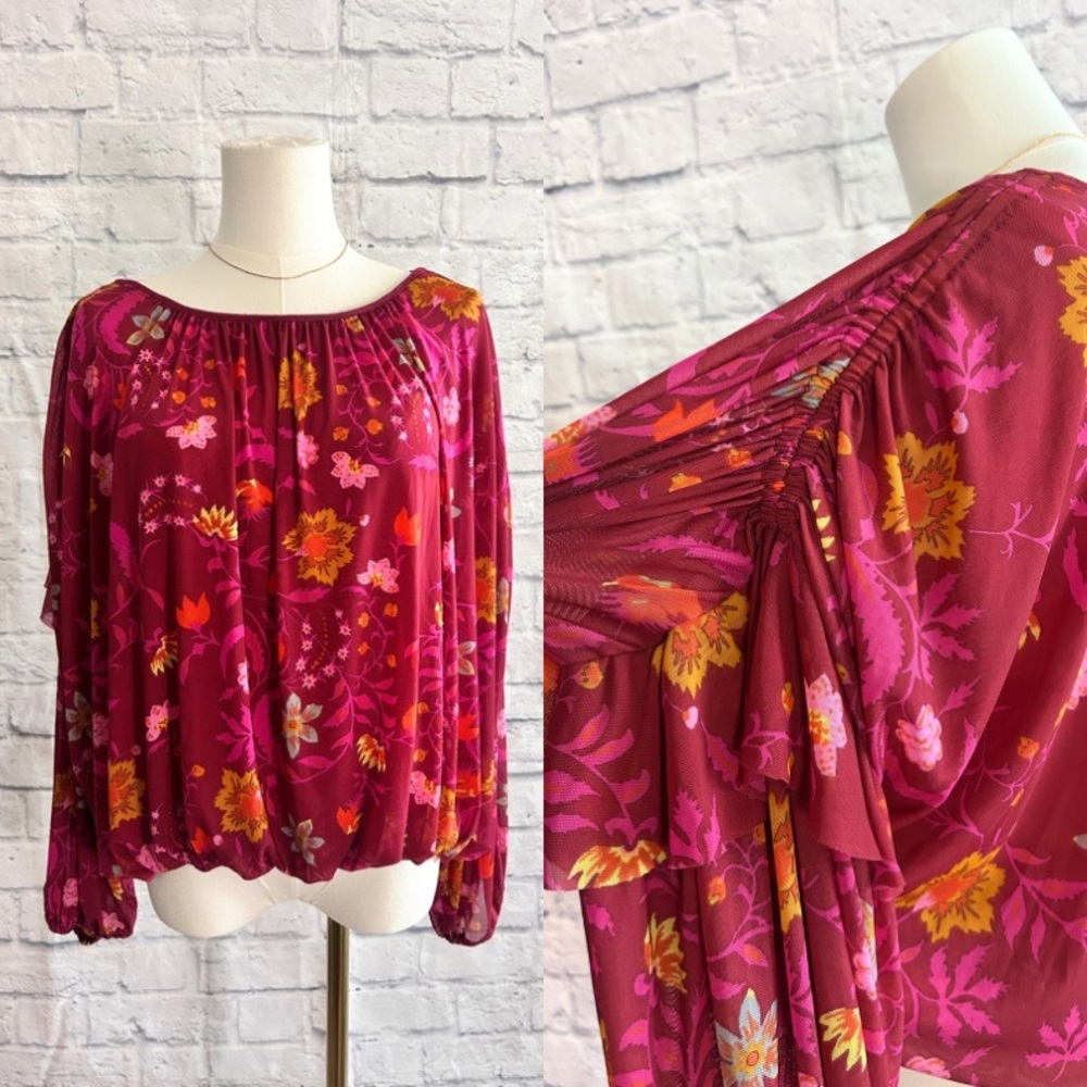 Free People NWT Fall Blouse Bubble Hem Peasant Poetcore Boho Floral Rustic Pink